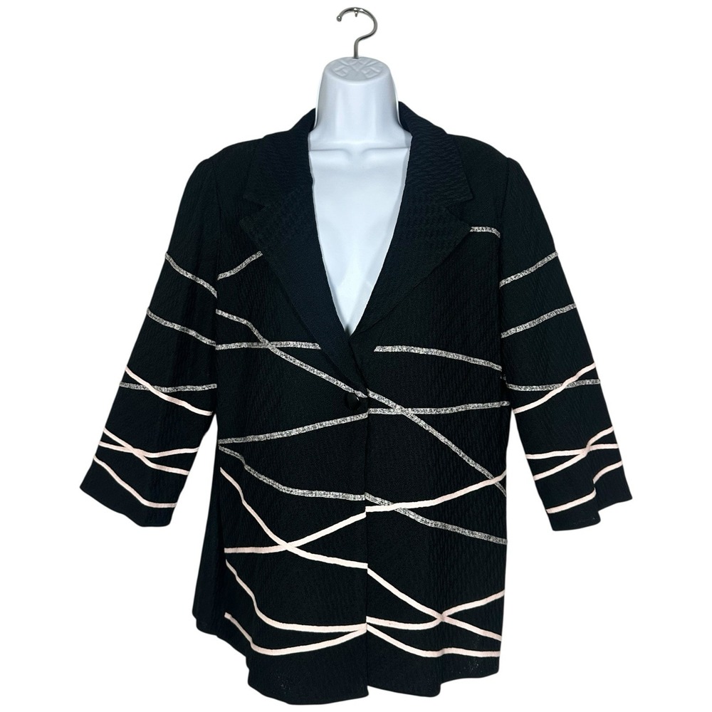 Ming Wang Knit Jacket Black Gray Pink Abstract Line Single Button Womens Size L - Picture 12 of 12